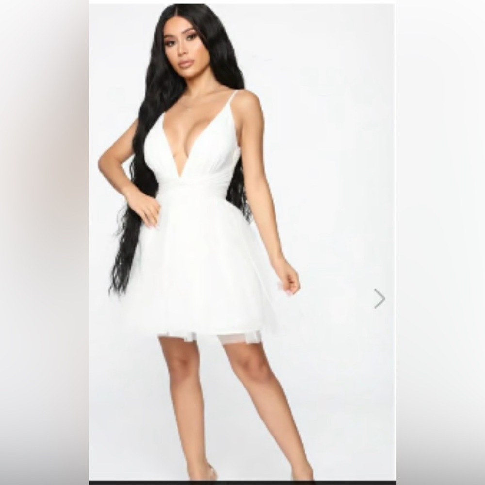 Fashion Nova White “Life’s A Movie” Fit & Flare Plunge Neck Mini Cocktail Dress